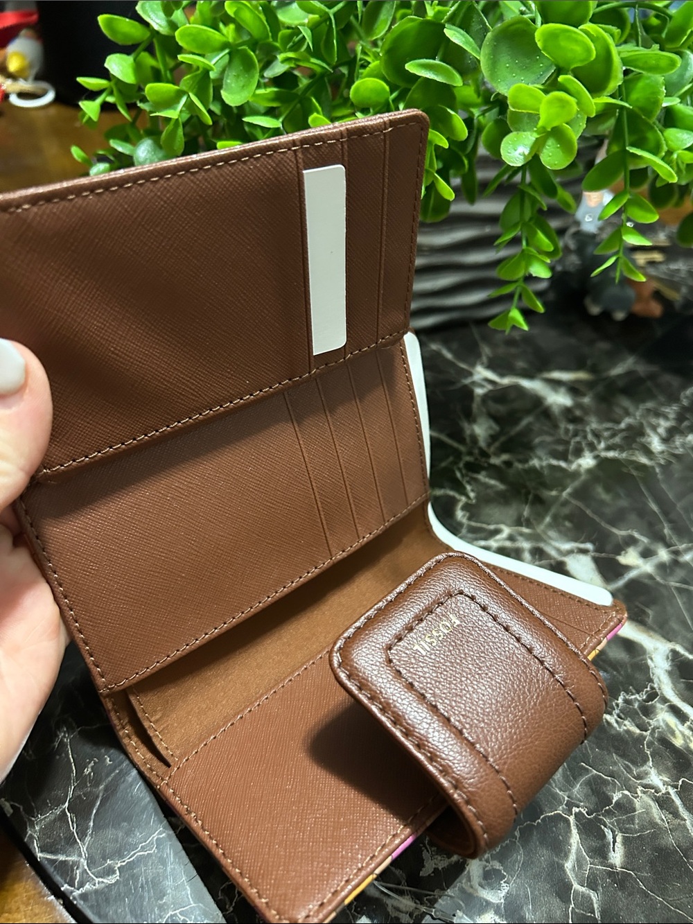 Fossil Brown Wallet with Pink & Orange Geometric Pattern - Picture 4 of 6